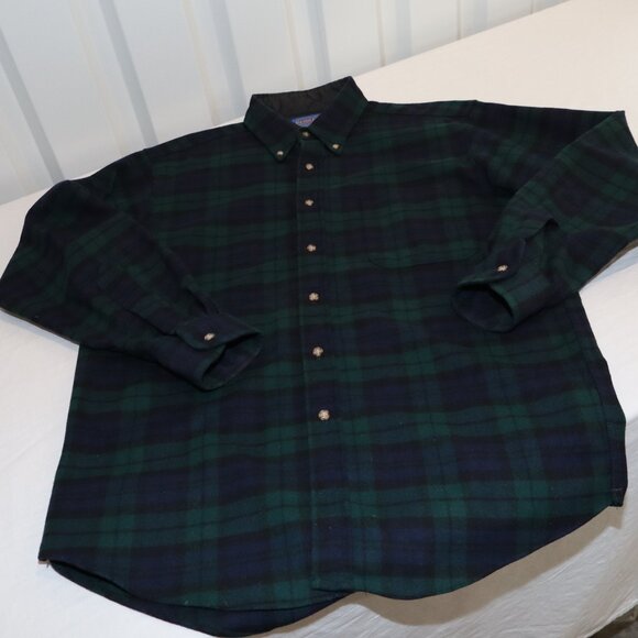 Pendleton Mens Fireside Black Watch Tartan Wool Button Down Shirt Blue Green Med - Picture 4 of 11